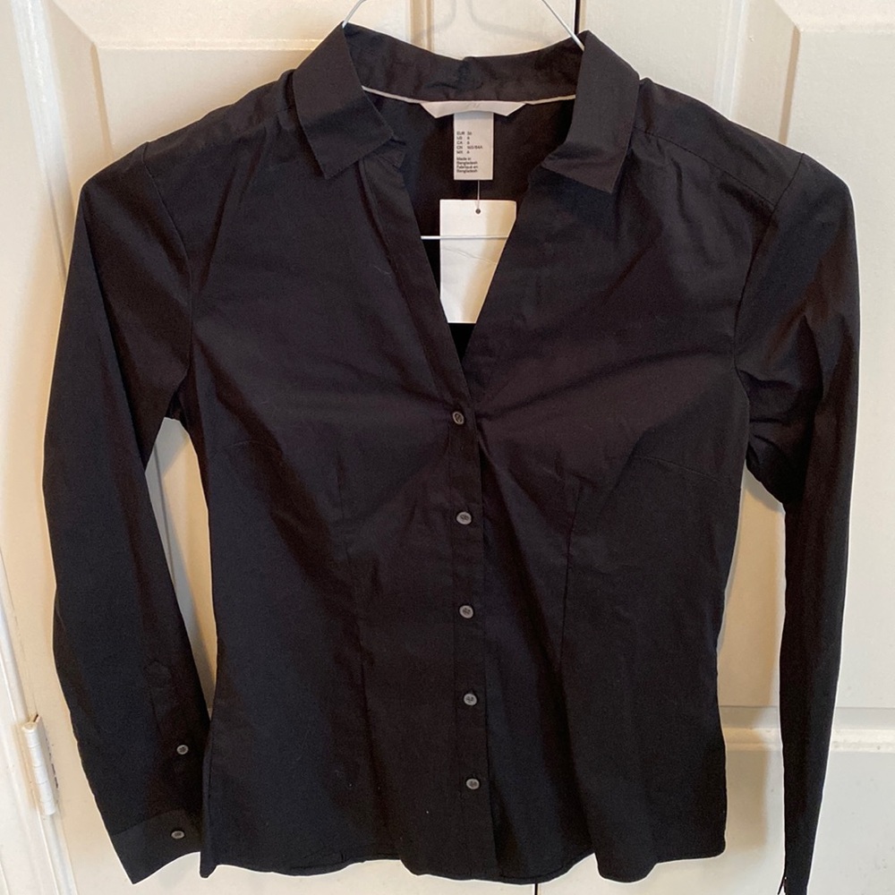 Black Cotton Button Down Collared Blouse/NWT